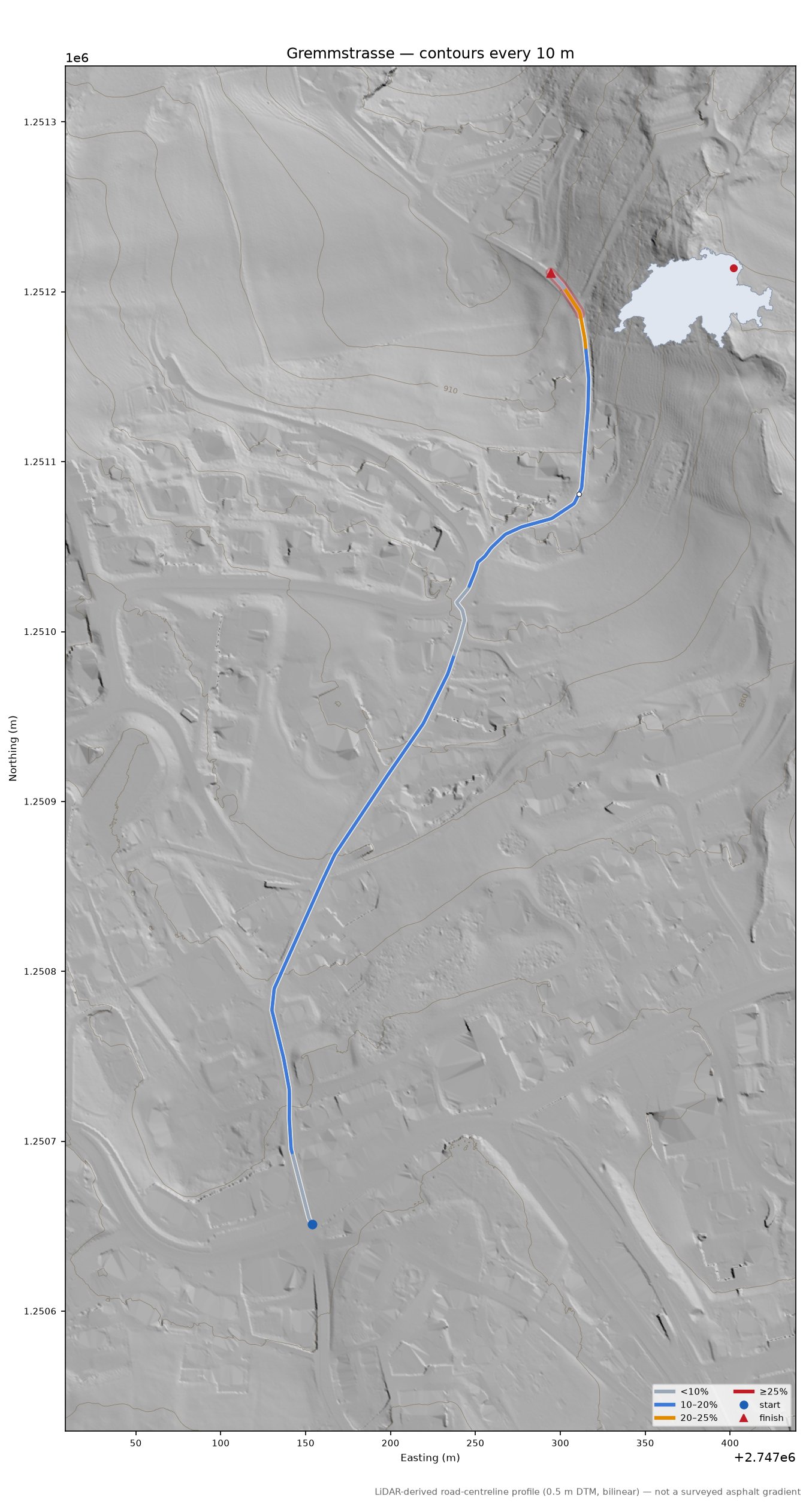 Gremmstrasse LiDAR hillshade map with contours