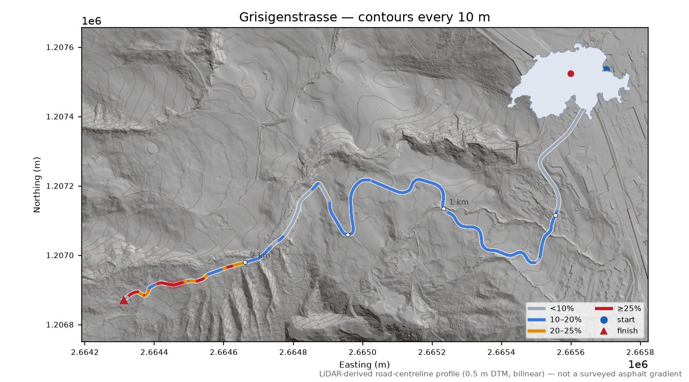 Grisigenstrasse LiDAR hillshade map with contours