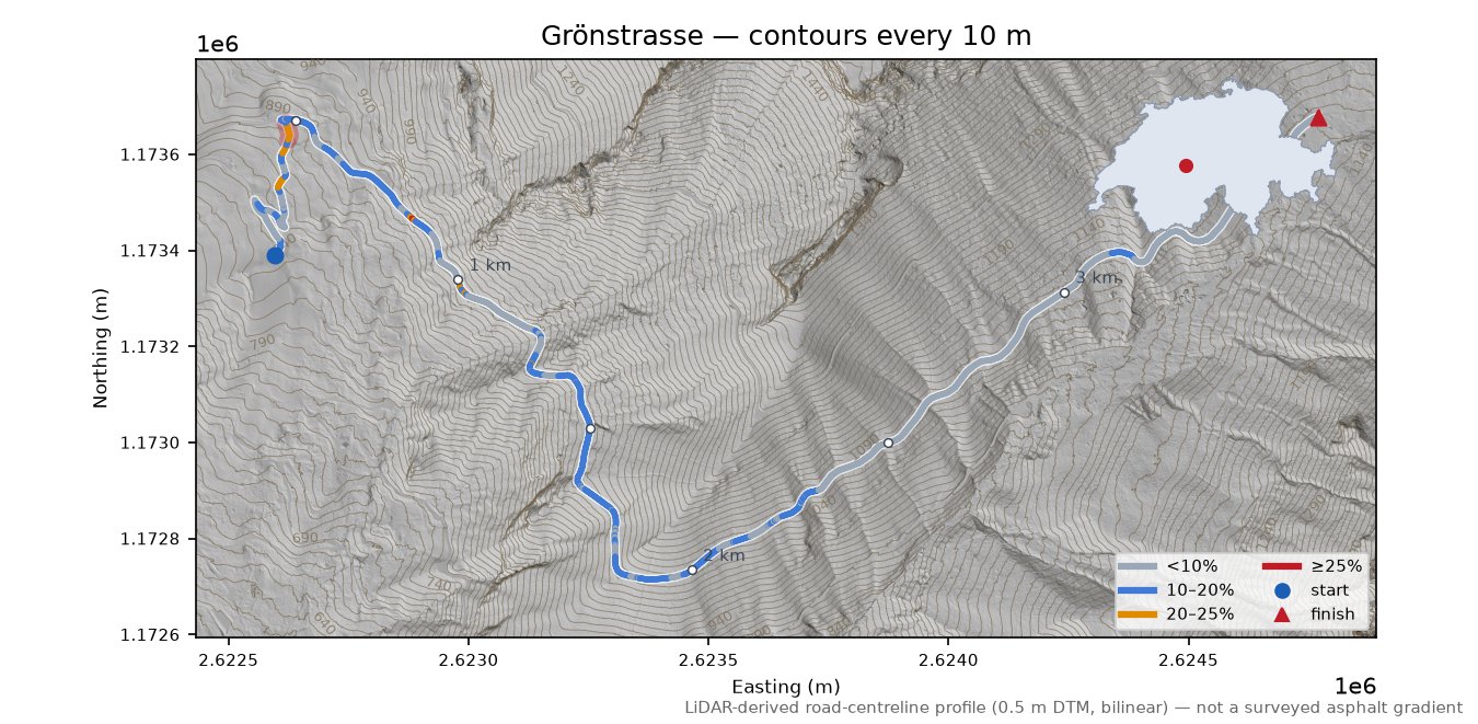 Grönstrasse LiDAR hillshade map with contours