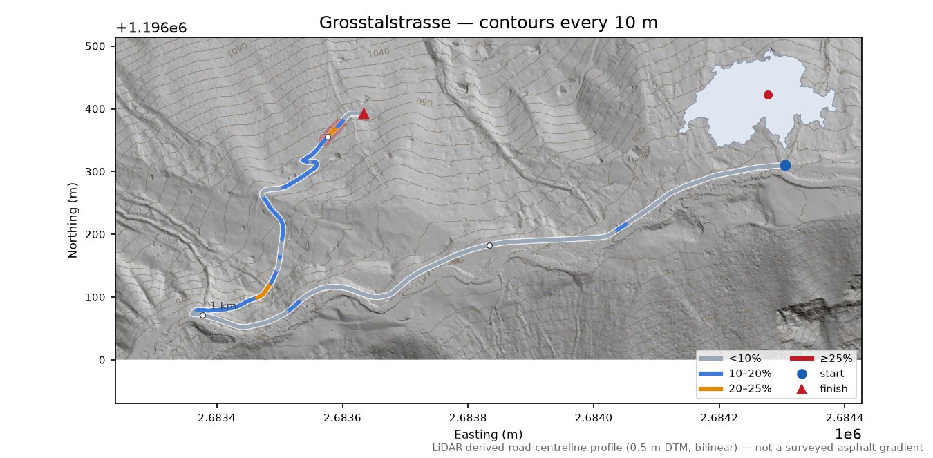 Grosstalstrasse LiDAR hillshade map with contours