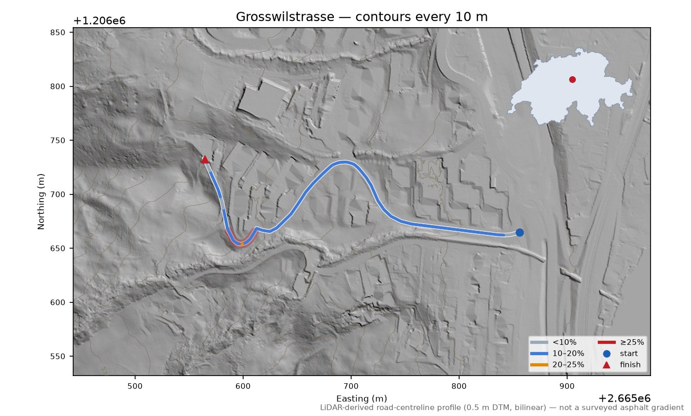 Grosswilstrasse LiDAR hillshade map with contours