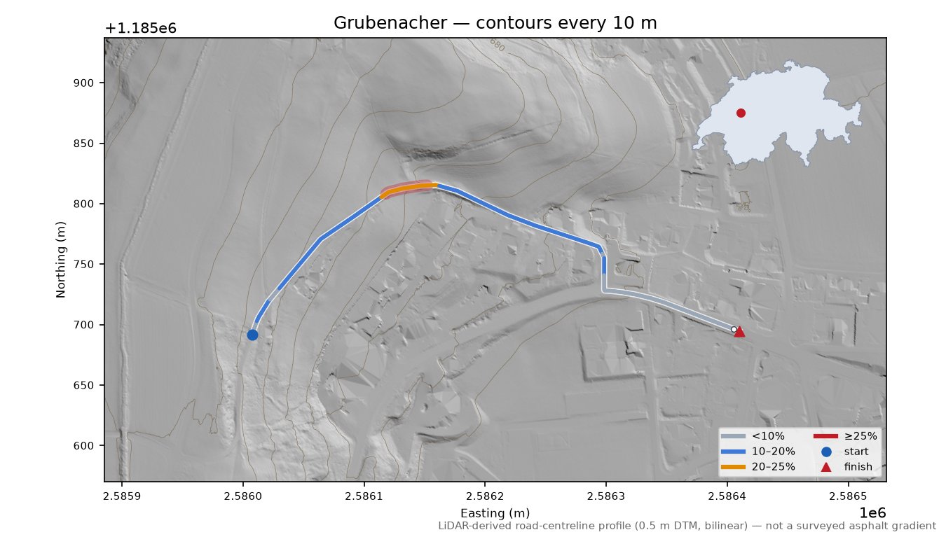 Grubenacher LiDAR hillshade map with contours