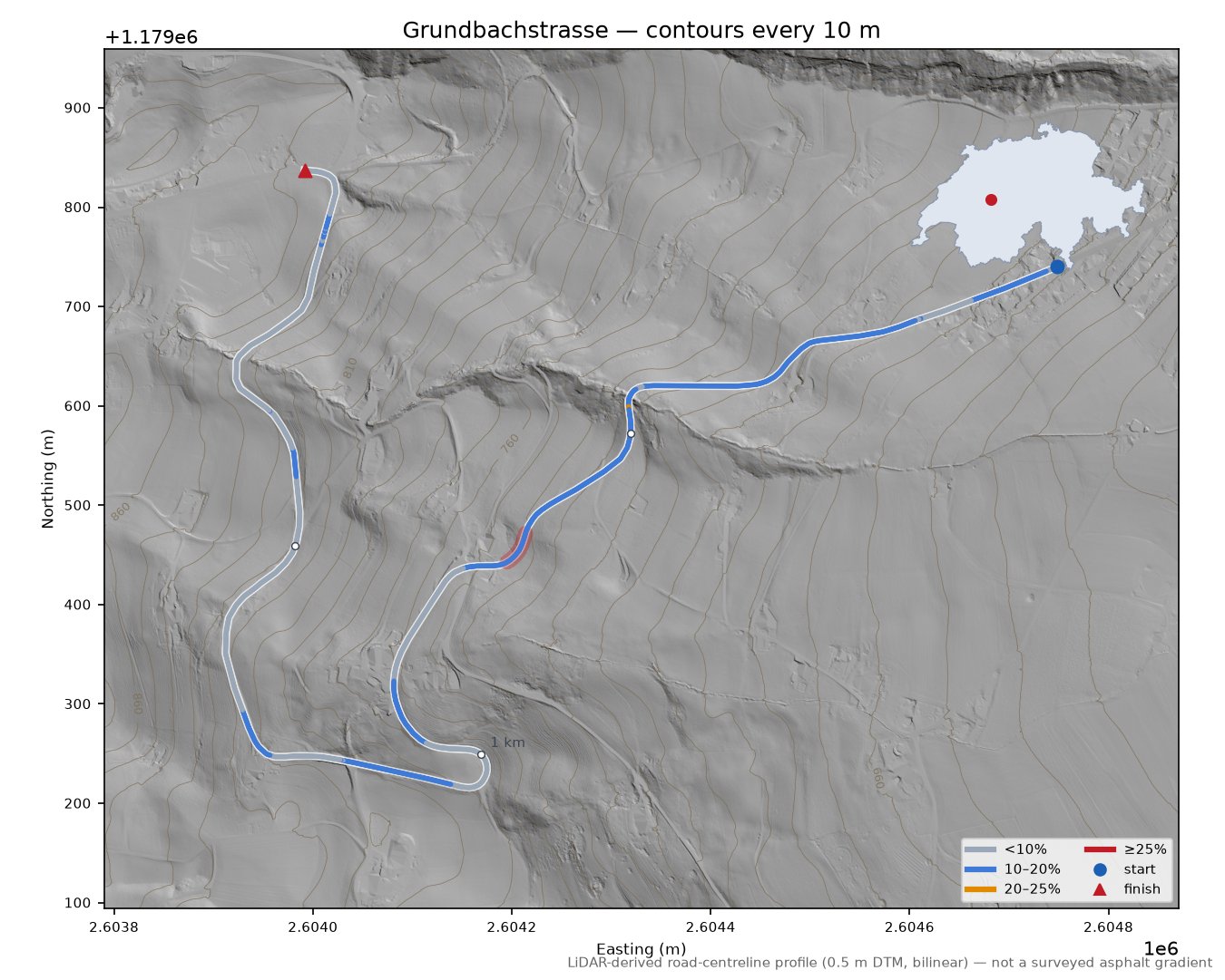 Grundbachstrasse LiDAR hillshade map with contours