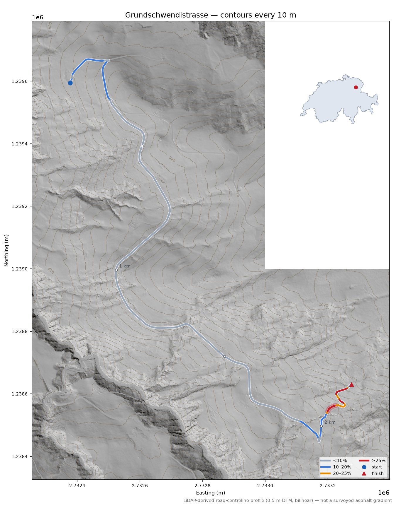 Grundschwendistrasse LiDAR hillshade map with contours