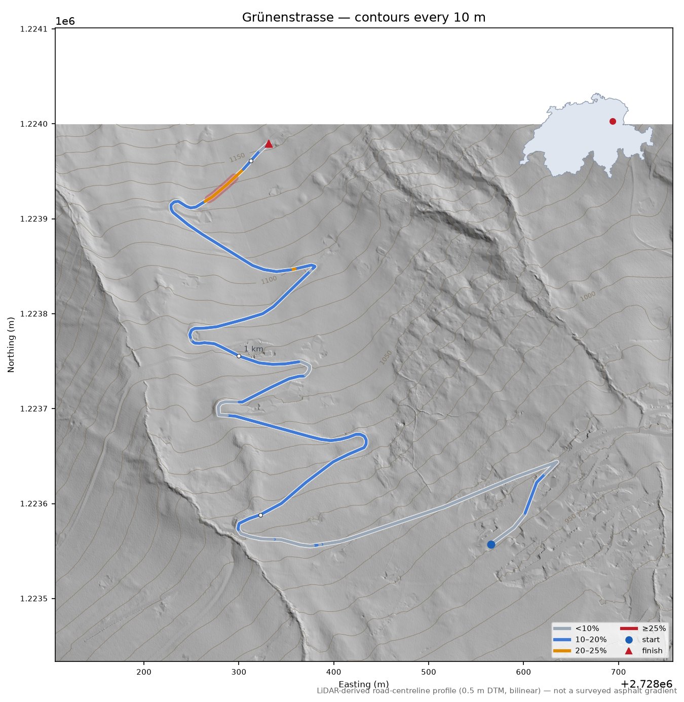 Grünenstrasse LiDAR hillshade map with contours