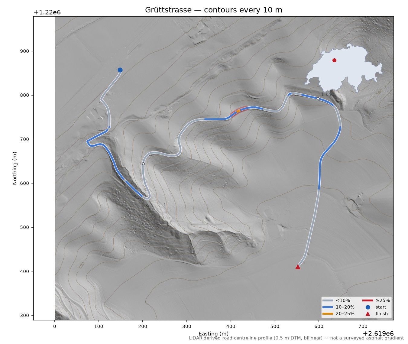 Grüttstrasse LiDAR hillshade map with contours