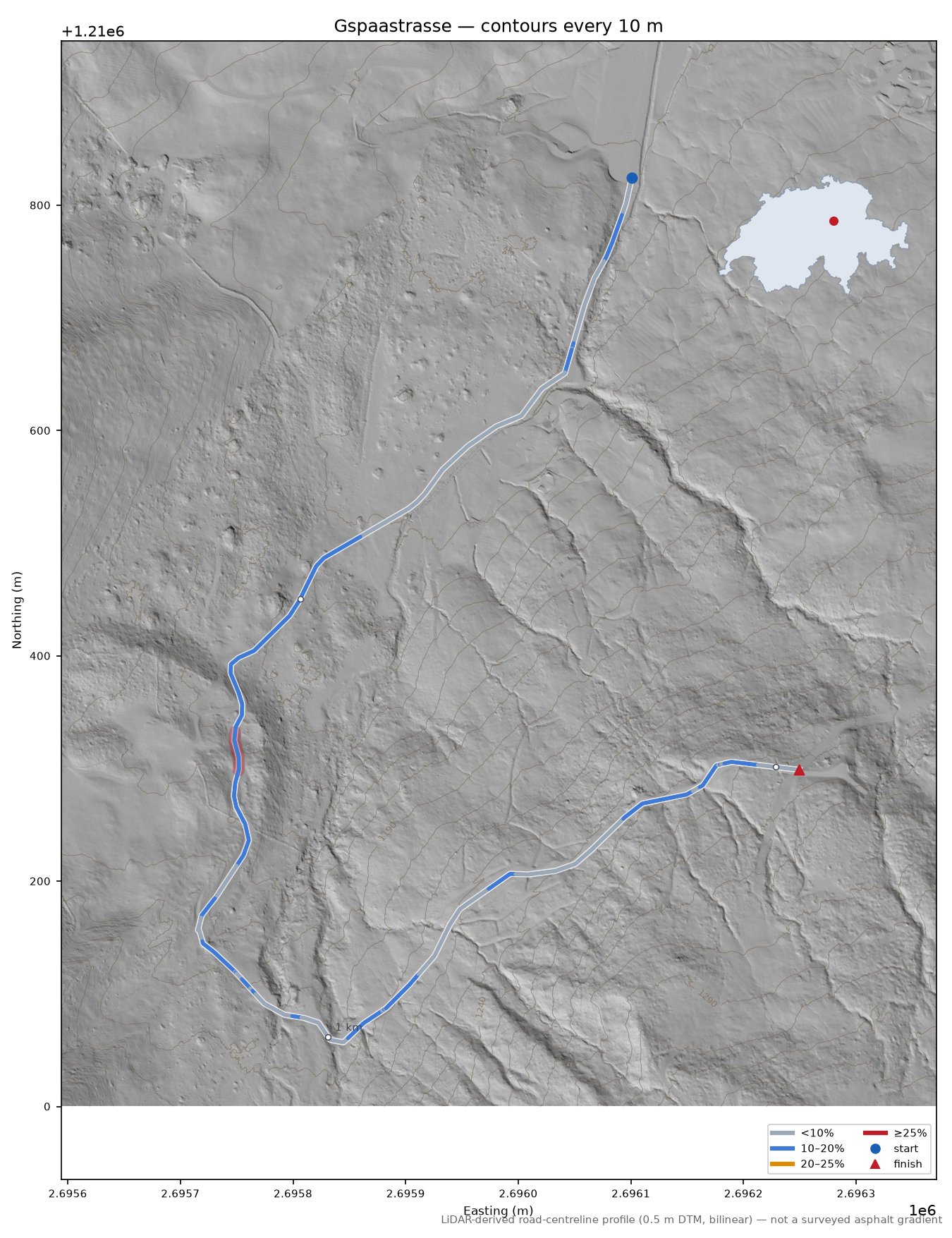 Gspaastrasse LiDAR hillshade map with contours
