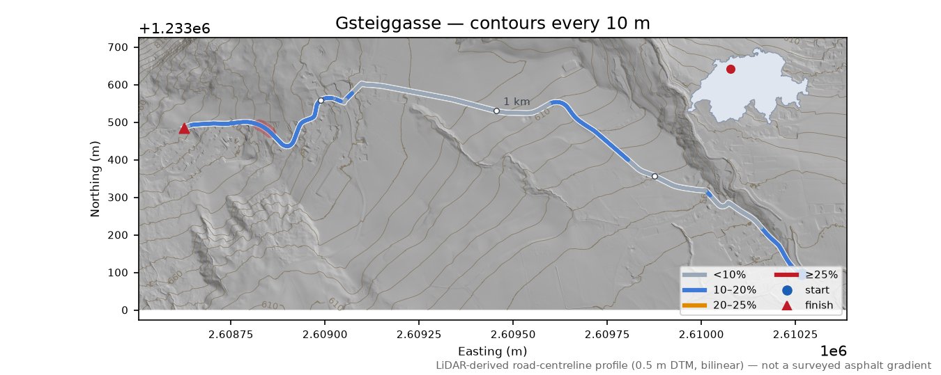 Gsteiggasse LiDAR hillshade map with contours
