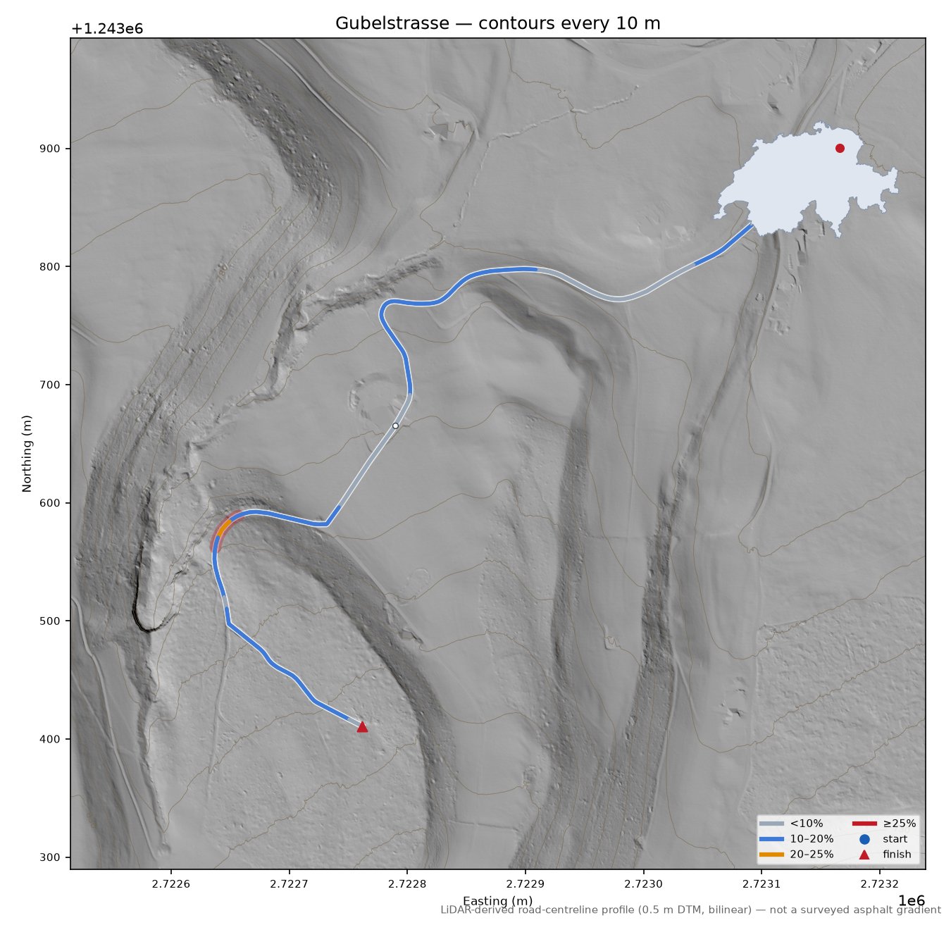 Gubelstrasse LiDAR hillshade map with contours