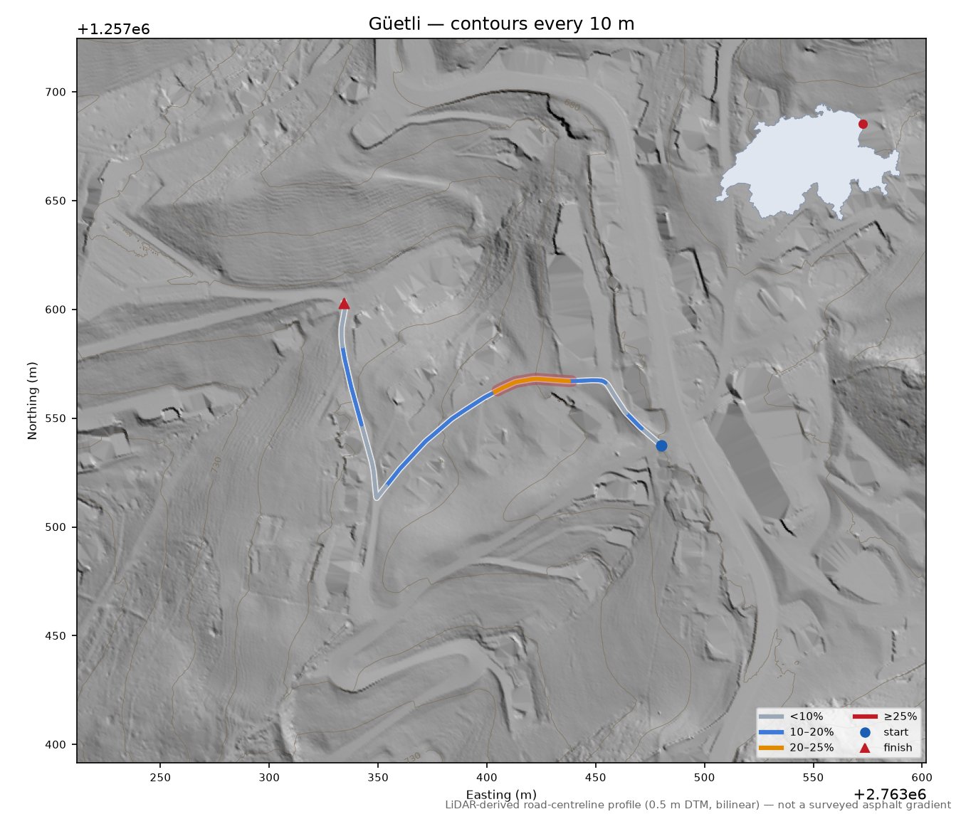 Güetli LiDAR hillshade map with contours