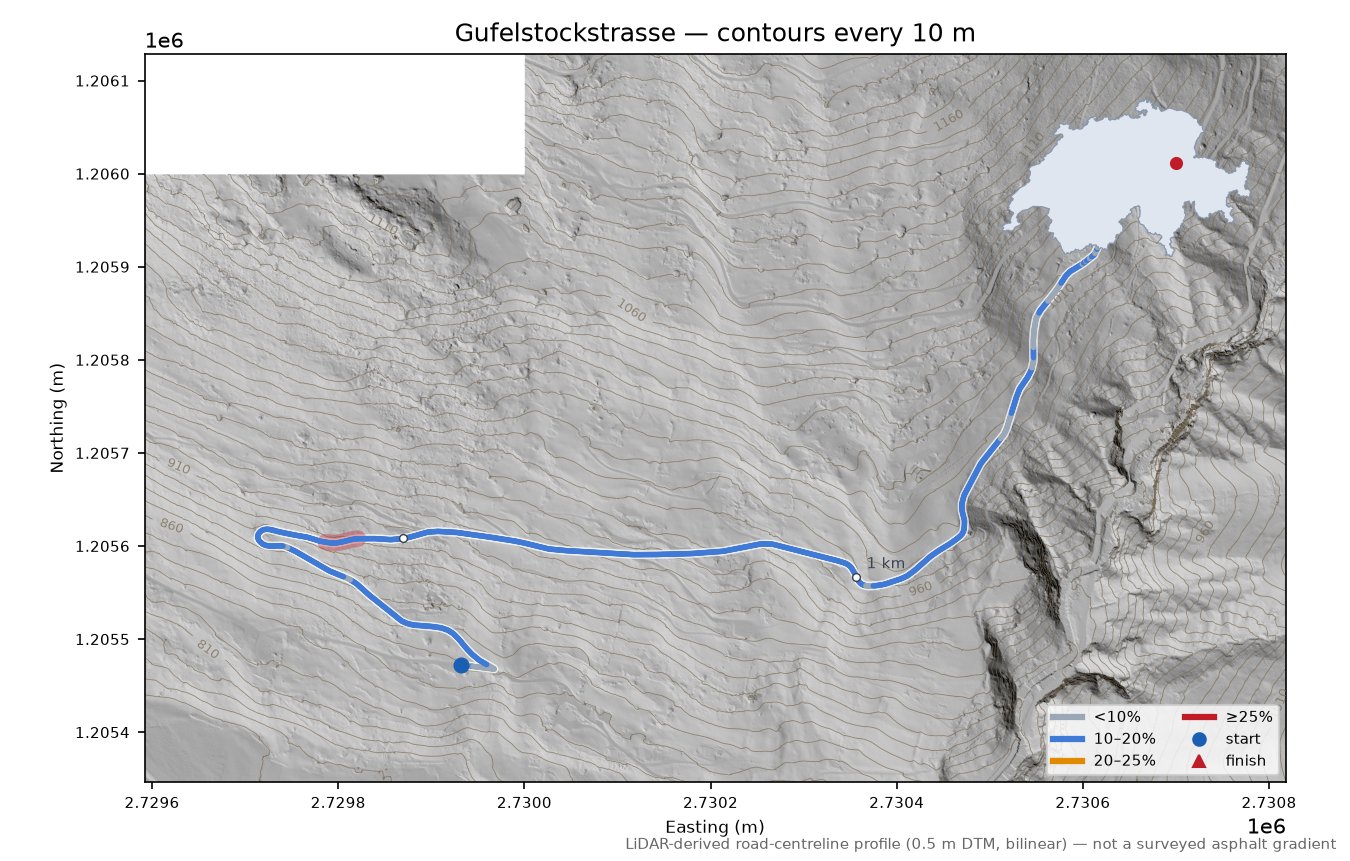 Gufelstockstrasse LiDAR hillshade map with contours