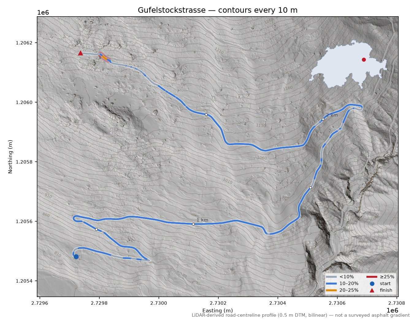 Gufelstockstrasse LiDAR hillshade map with contours