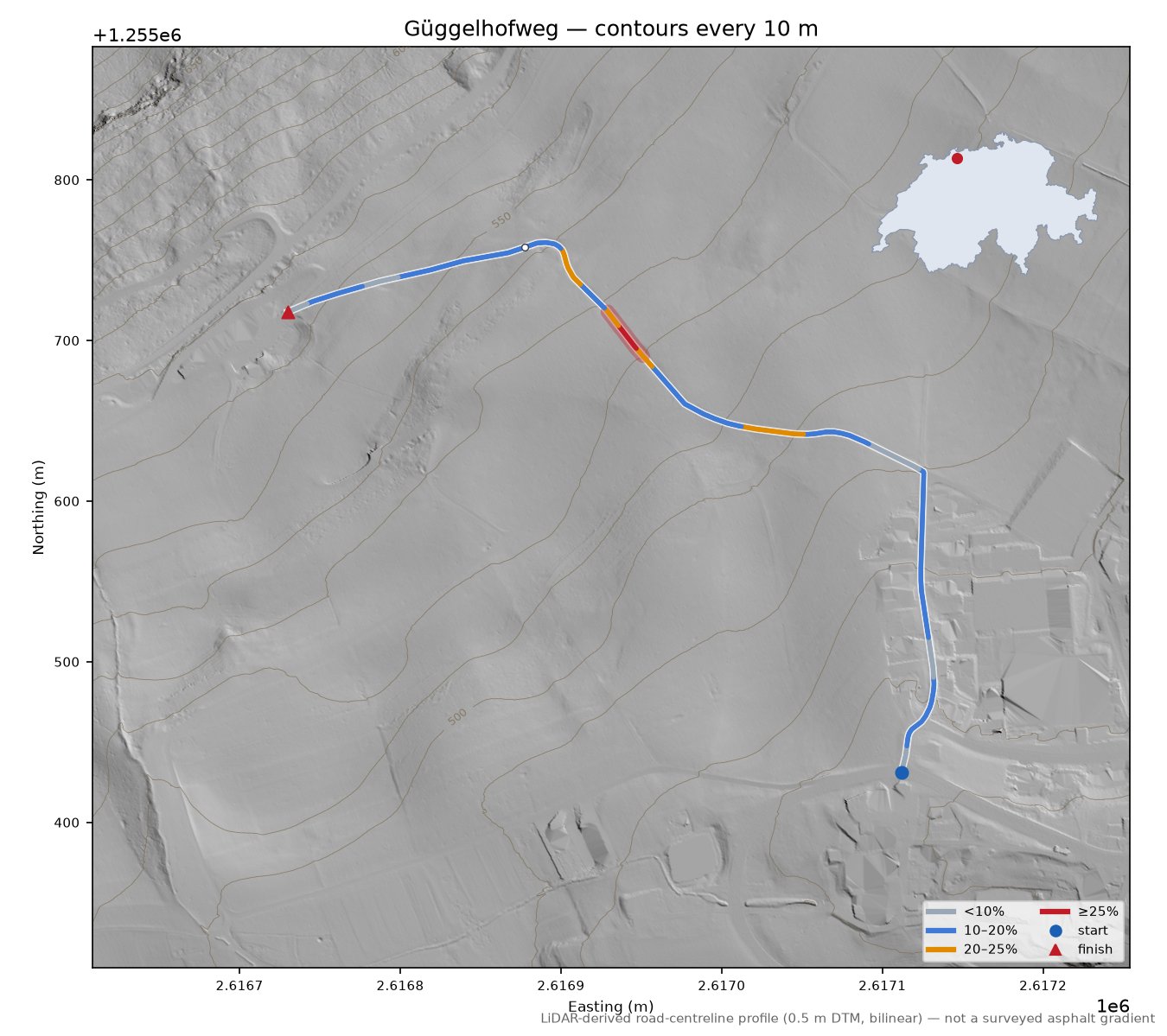 Güggelhofweg LiDAR hillshade map with contours