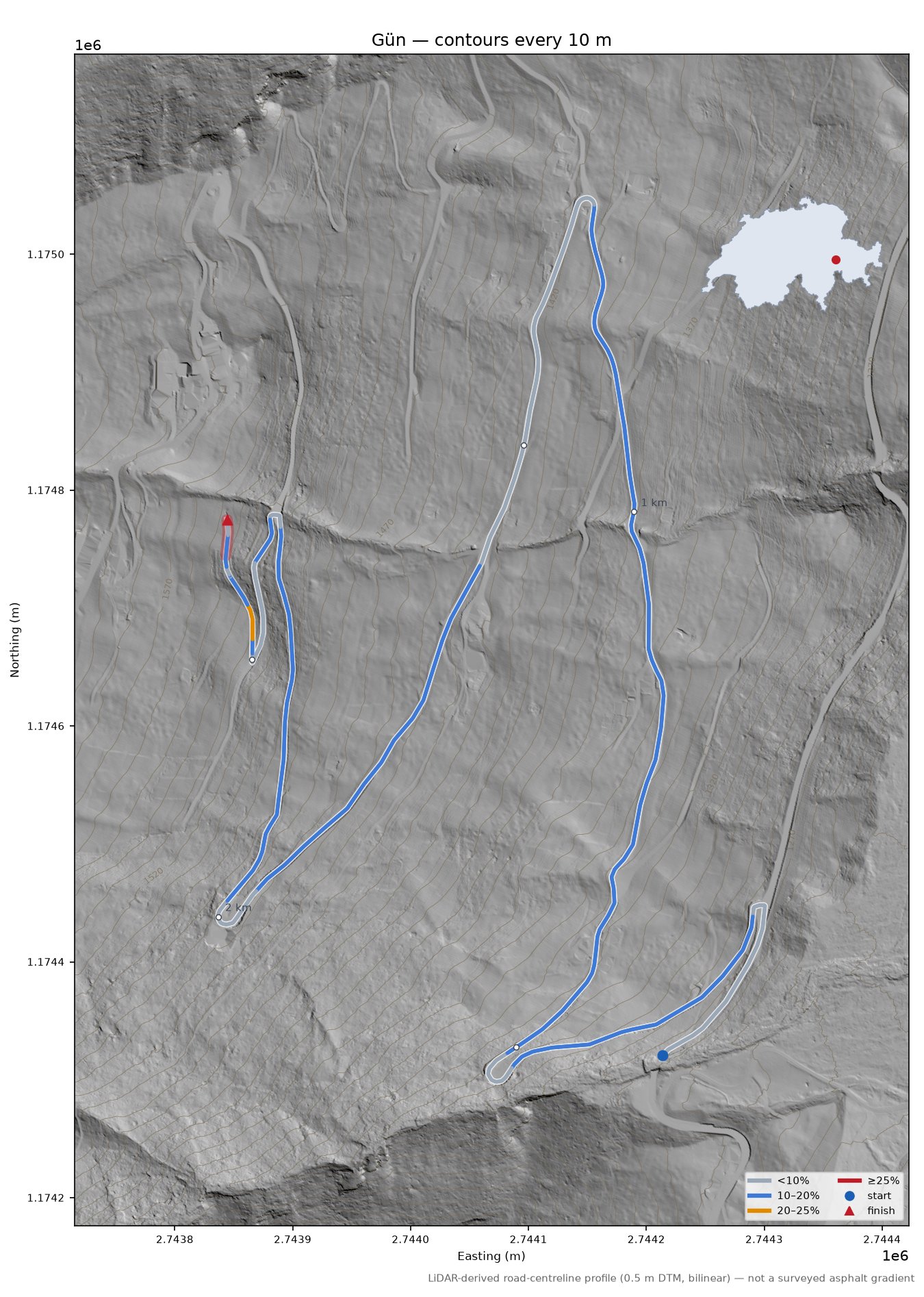 Gün LiDAR hillshade map with contours