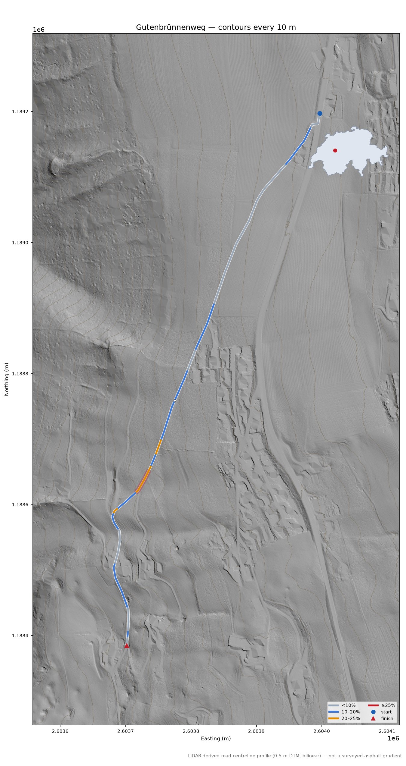 Gutenbrünnenweg LiDAR hillshade map with contours