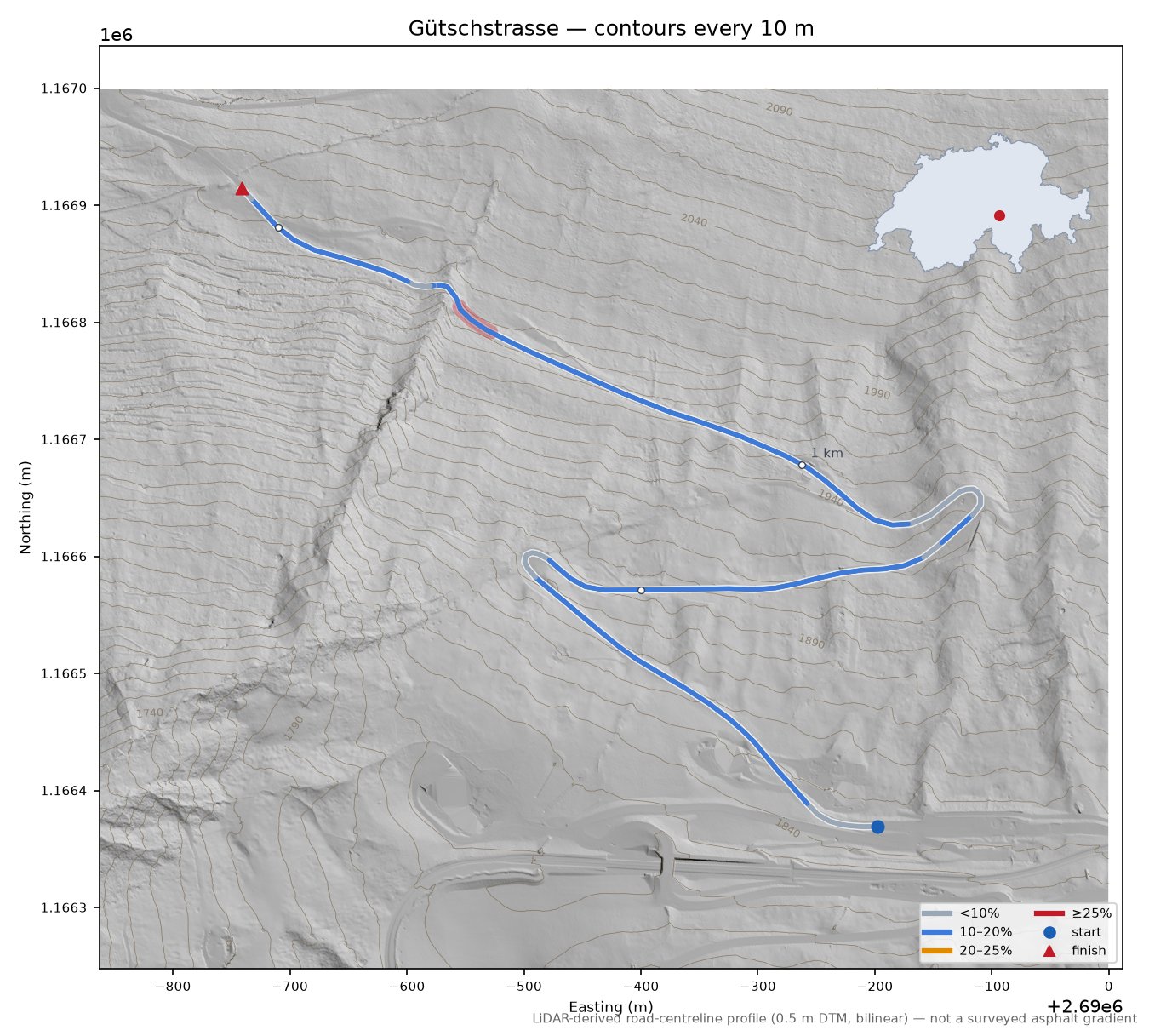 Gütschstrasse LiDAR hillshade map with contours