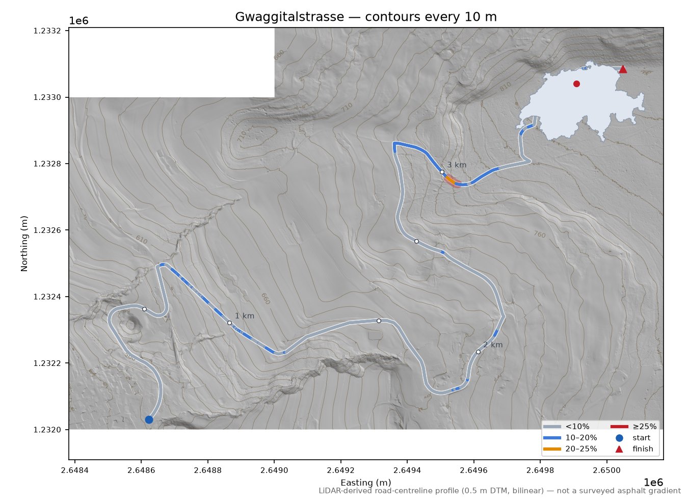 Gwaggitalstrasse LiDAR hillshade map with contours
