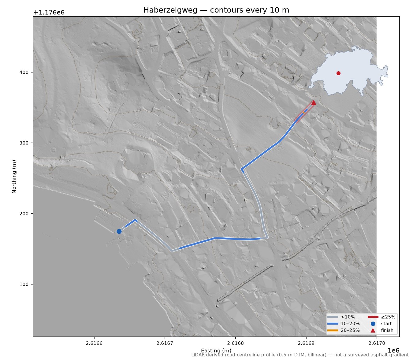 Haberzelgweg LiDAR hillshade map with contours