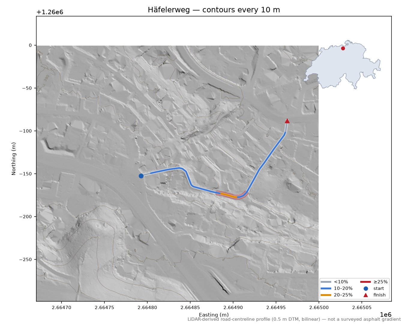 Häfelerweg LiDAR hillshade map with contours