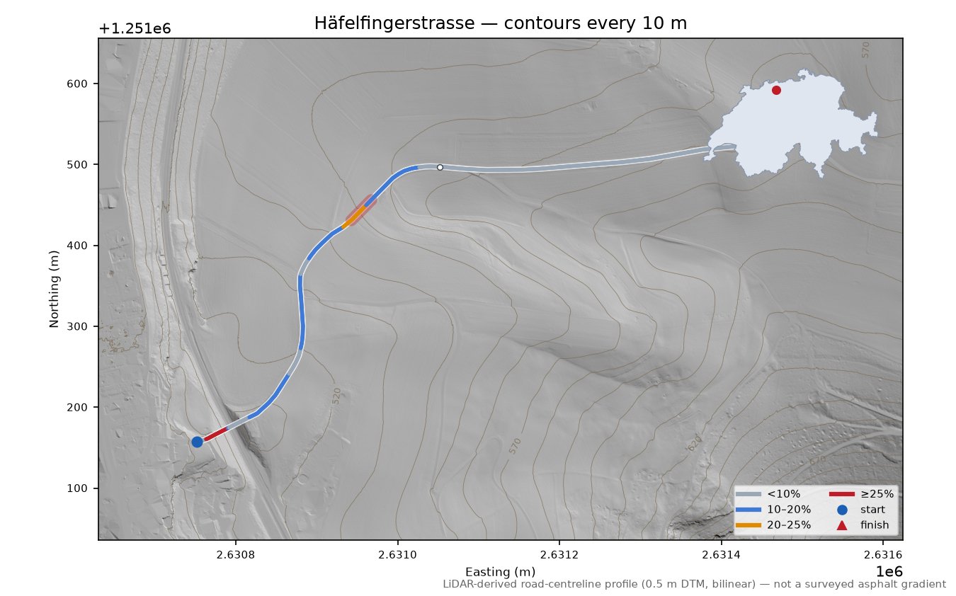 Häfelfingerstrasse LiDAR hillshade map with contours