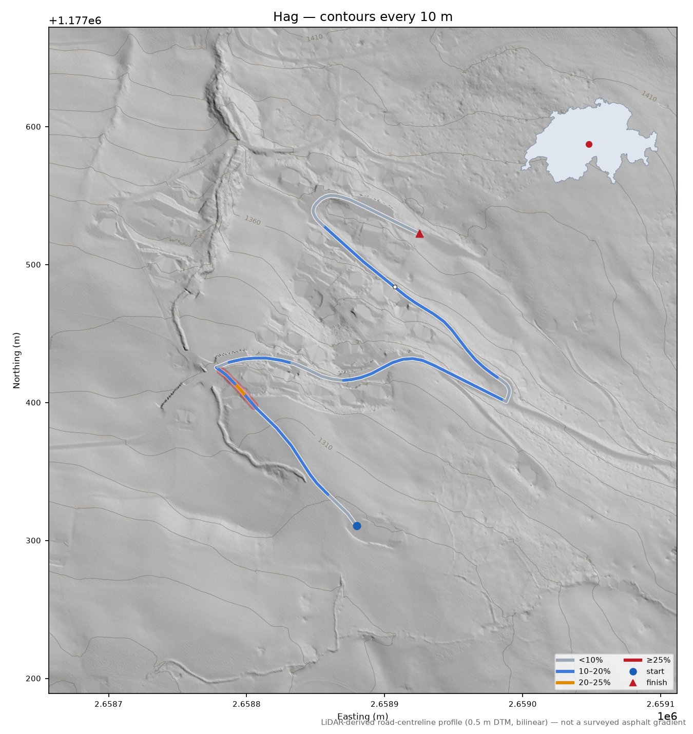 Hag LiDAR hillshade map with contours