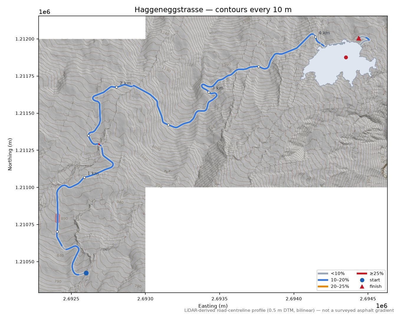 Haggeneggstrasse LiDAR hillshade map with contours