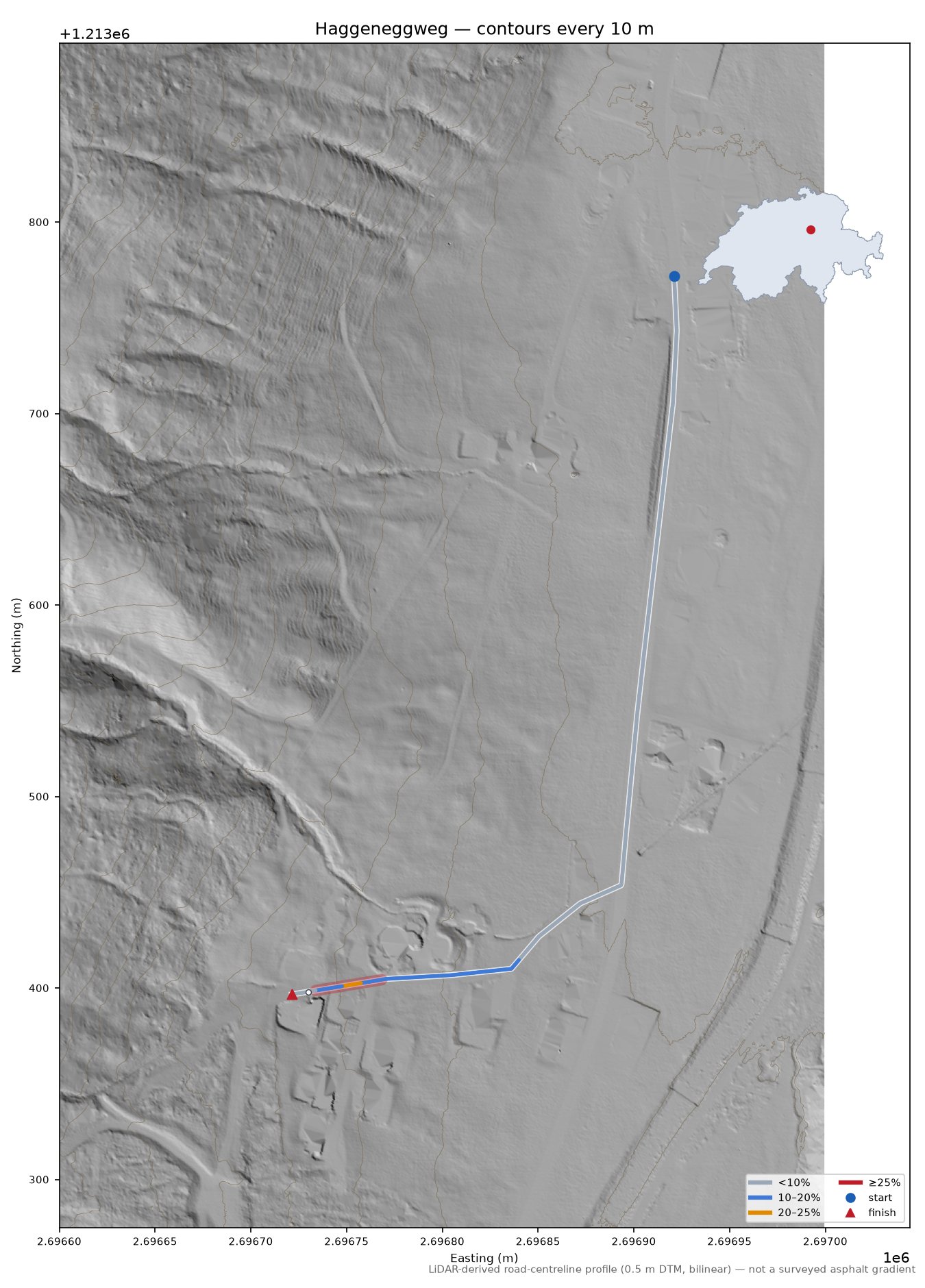 Haggeneggweg LiDAR hillshade map with contours