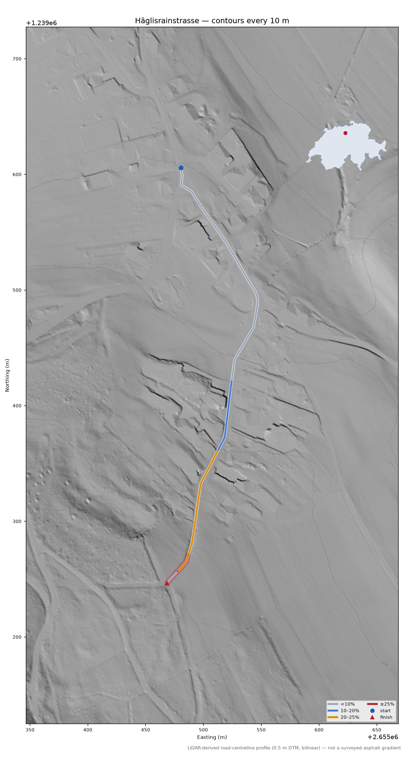 Häglisrainstrasse LiDAR hillshade map with contours