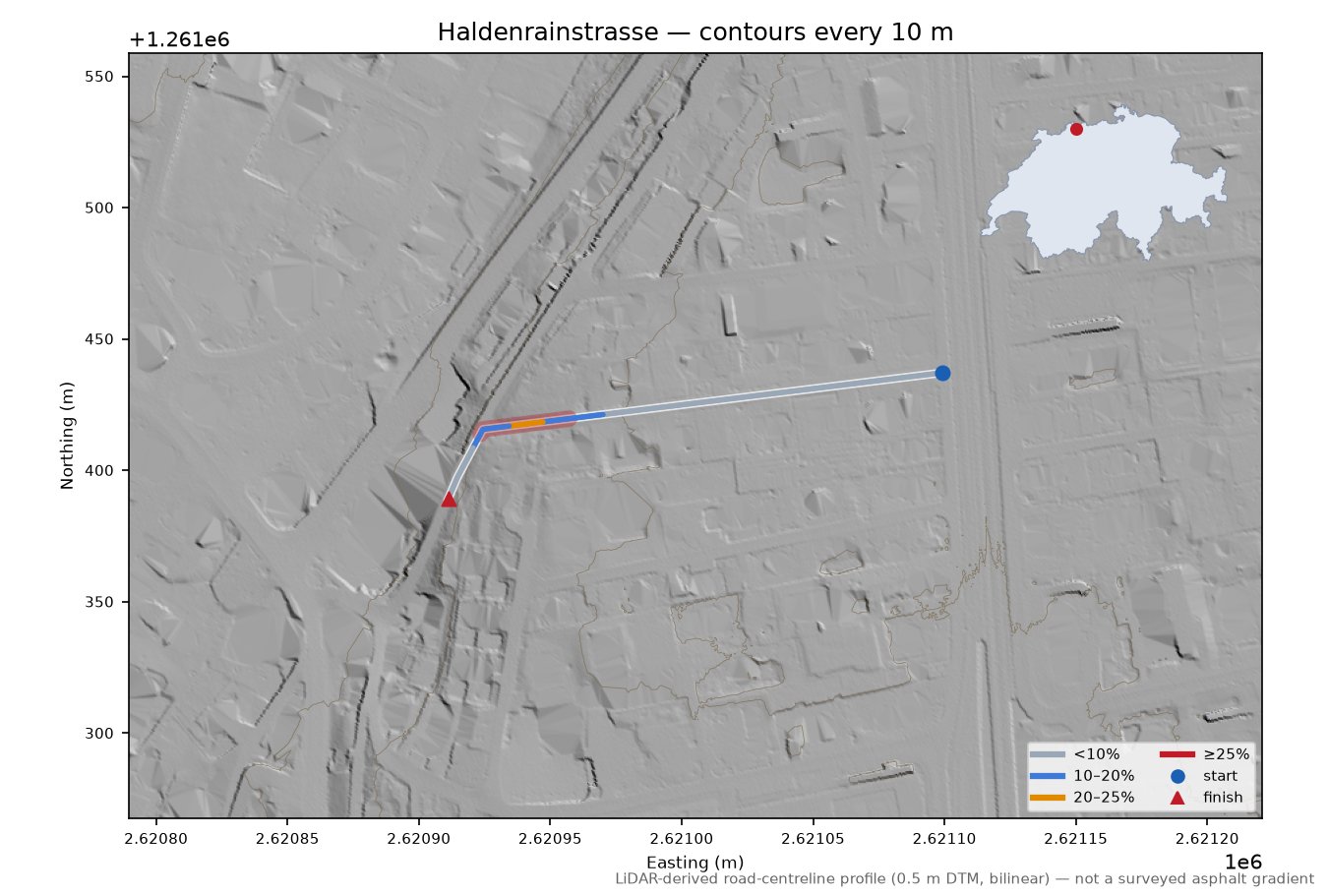 Haldenrainstrasse LiDAR hillshade map with contours