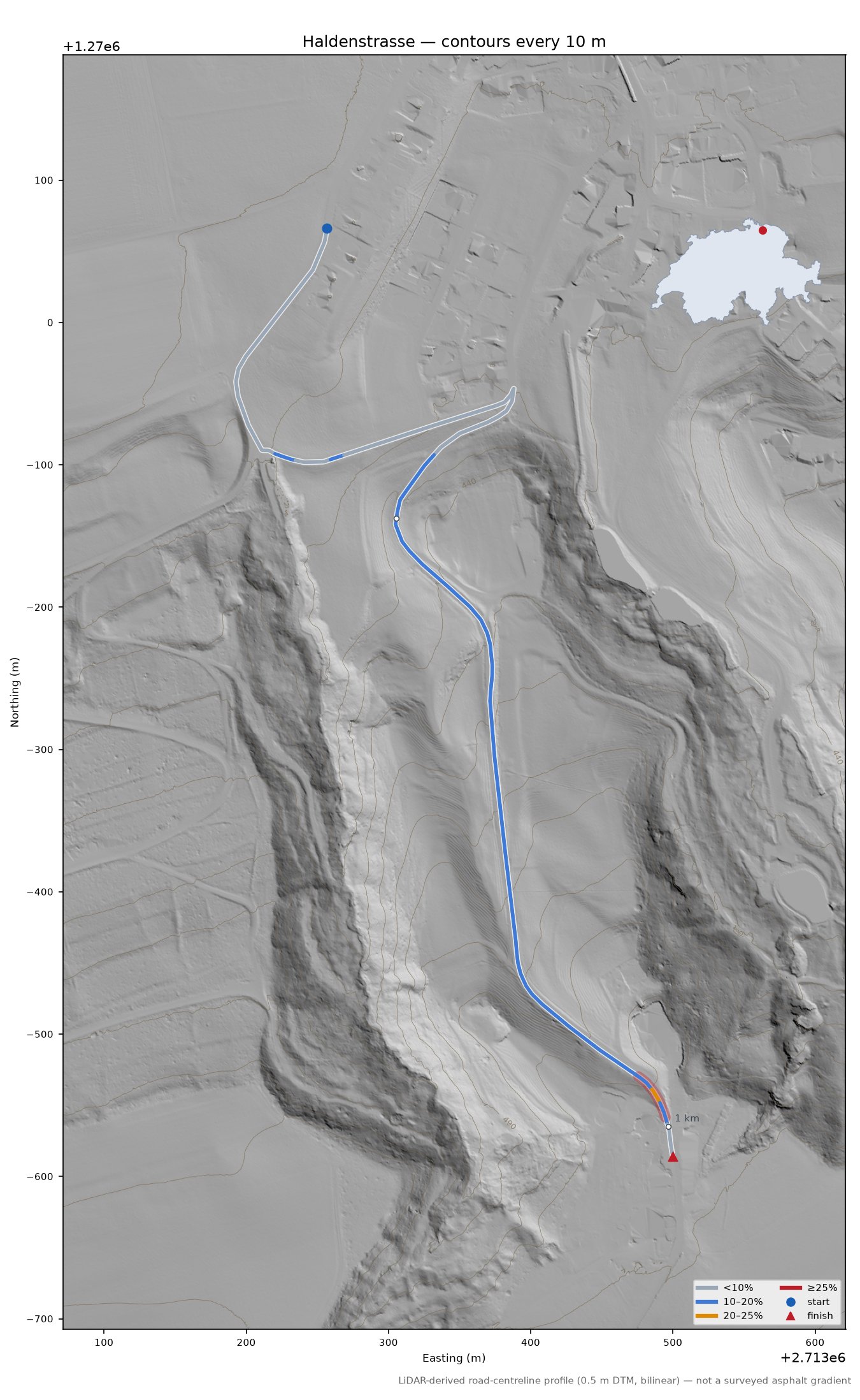 Haldenstrasse LiDAR hillshade map with contours