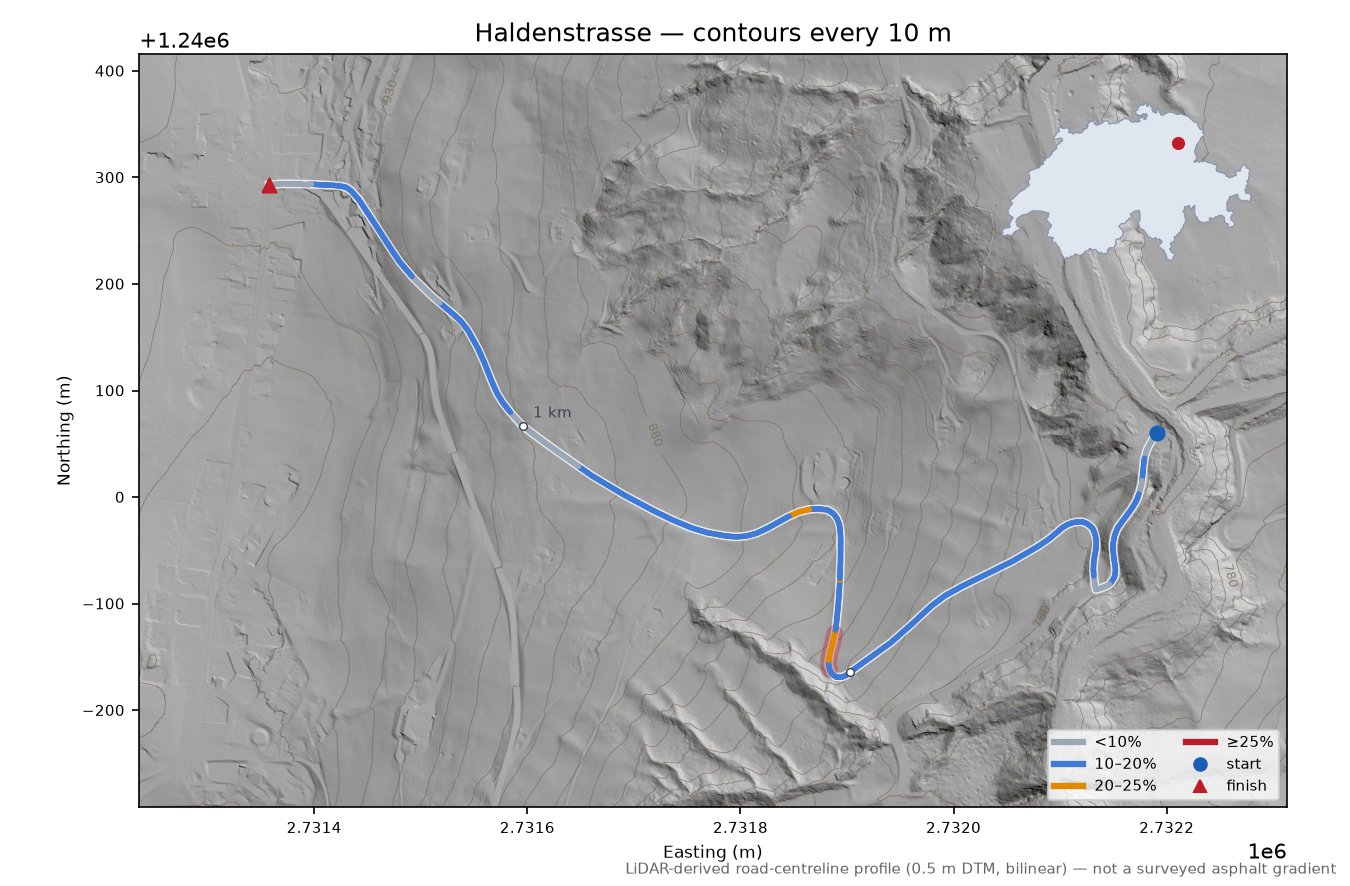 Haldenstrasse LiDAR hillshade map with contours