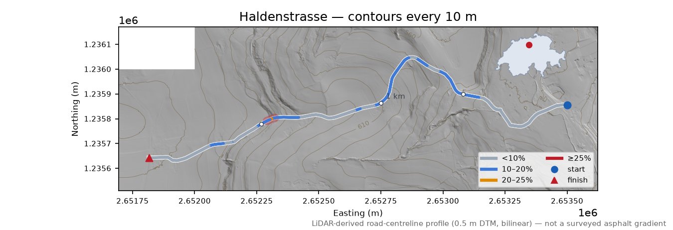 Haldenstrasse LiDAR hillshade map with contours