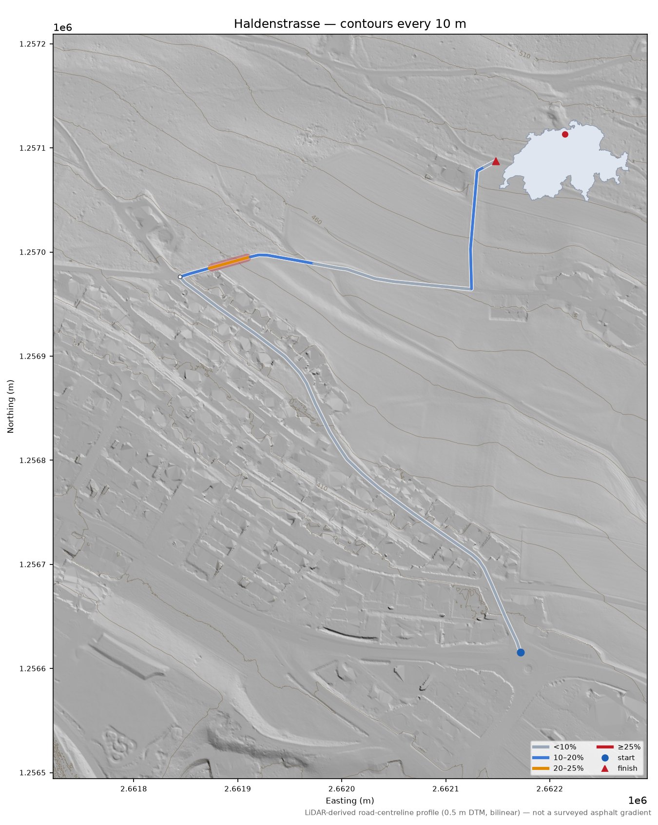 Haldenstrasse LiDAR hillshade map with contours