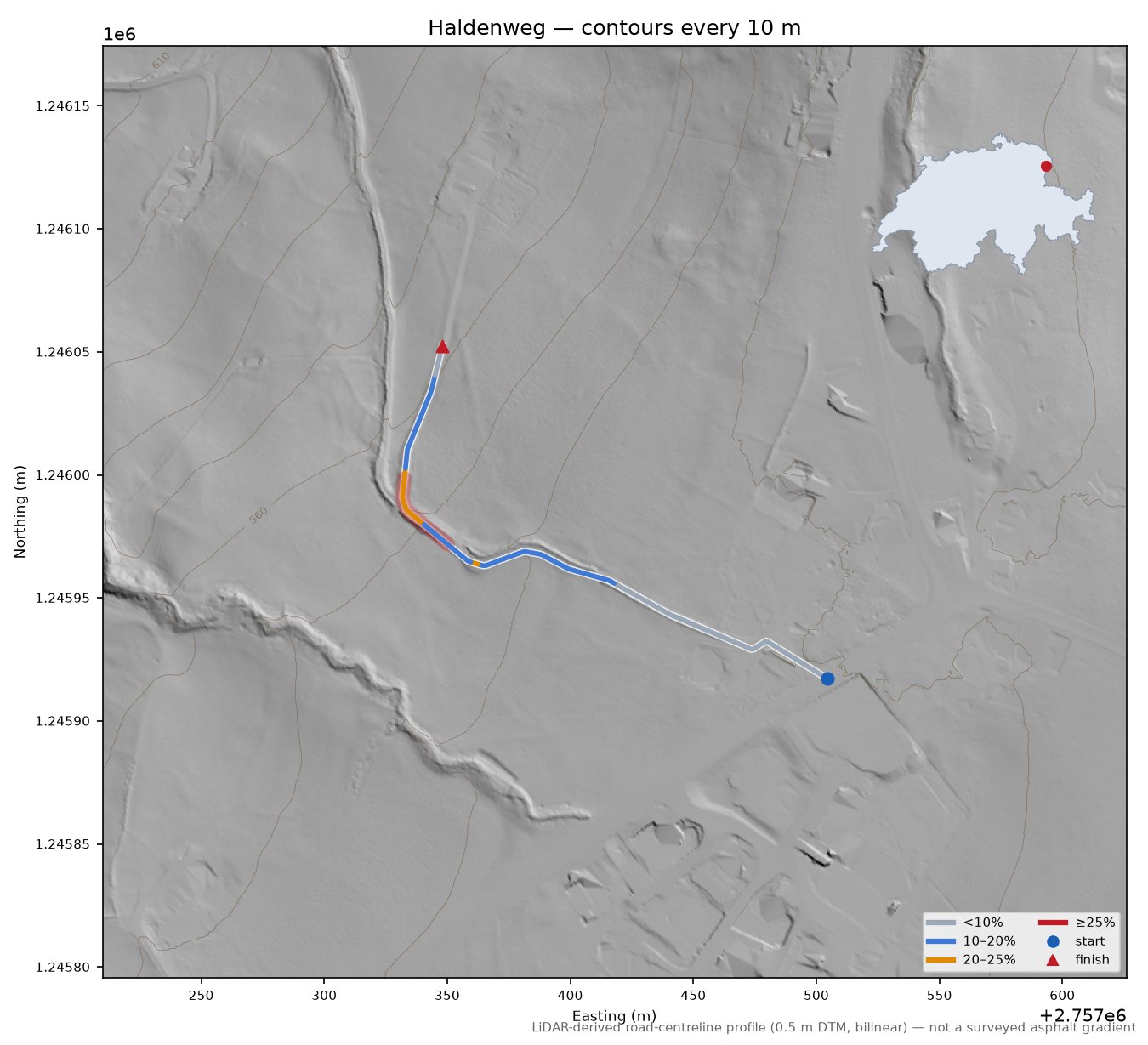 Haldenweg LiDAR hillshade map with contours