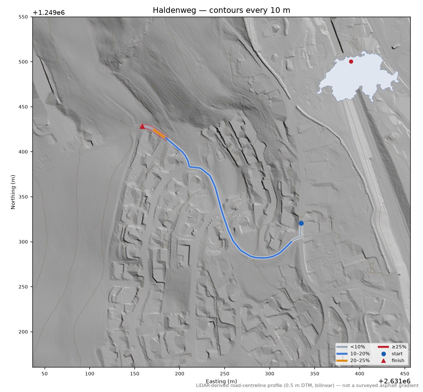 Haldenweg LiDAR hillshade map with contours