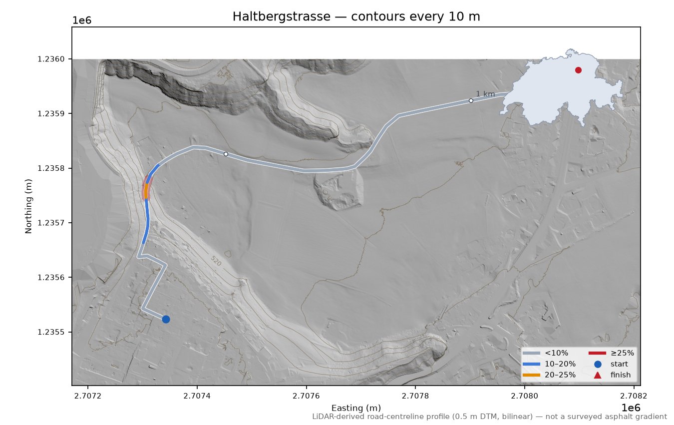 Haltbergstrasse LiDAR hillshade map with contours