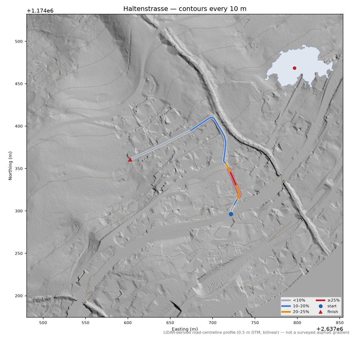 Haltenstrasse LiDAR hillshade map with contours