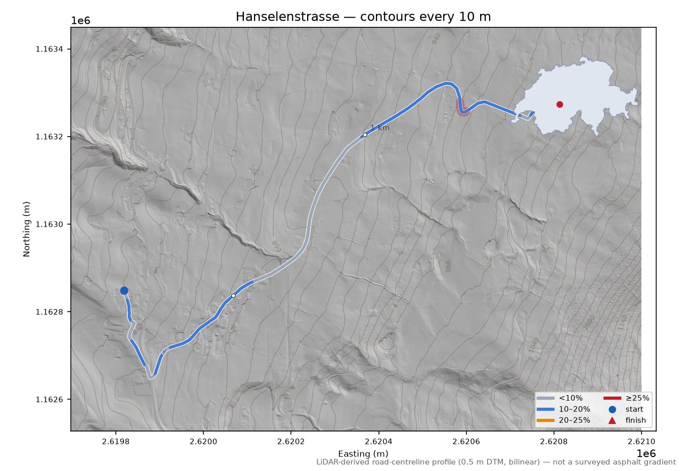 Hanselenstrasse LiDAR hillshade map with contours