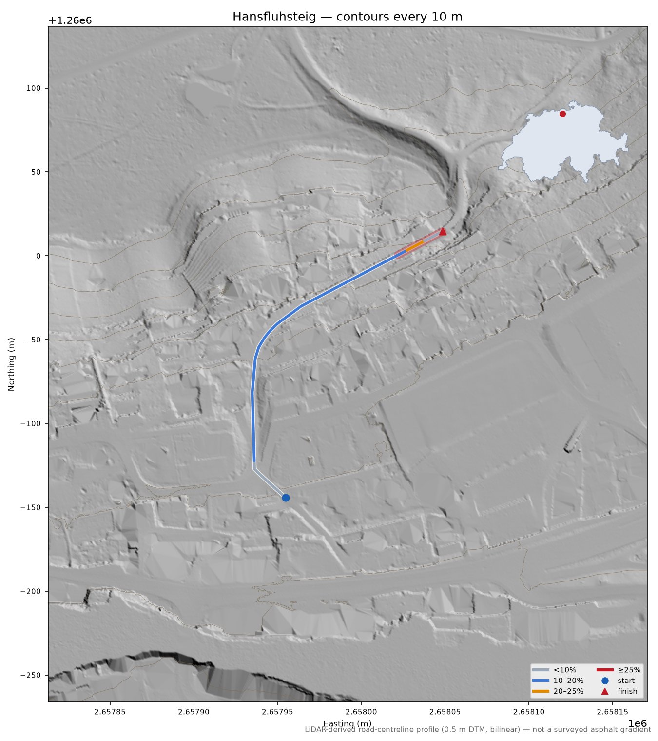 Hansfluhsteig LiDAR hillshade map with contours