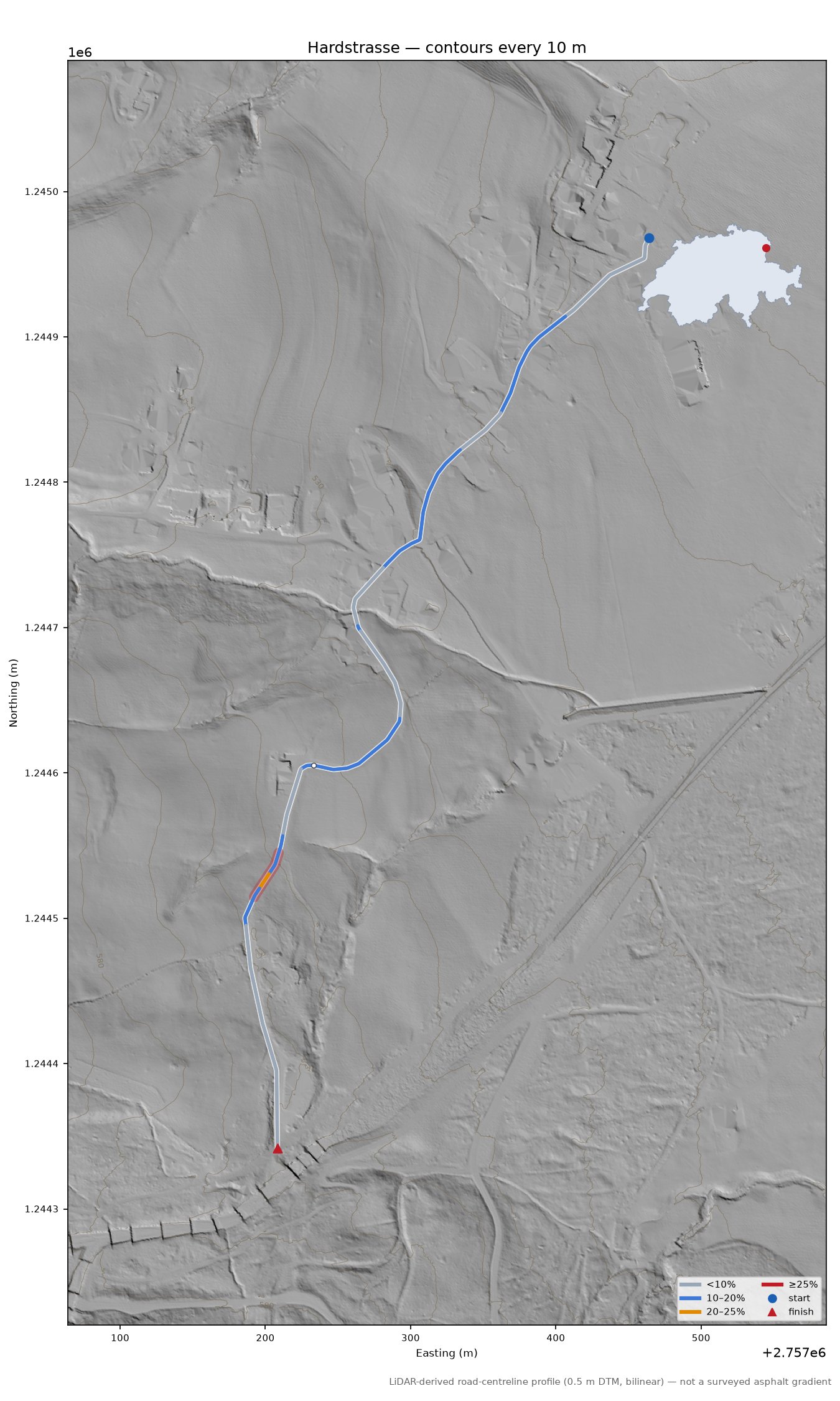 Hardstrasse LiDAR hillshade map with contours