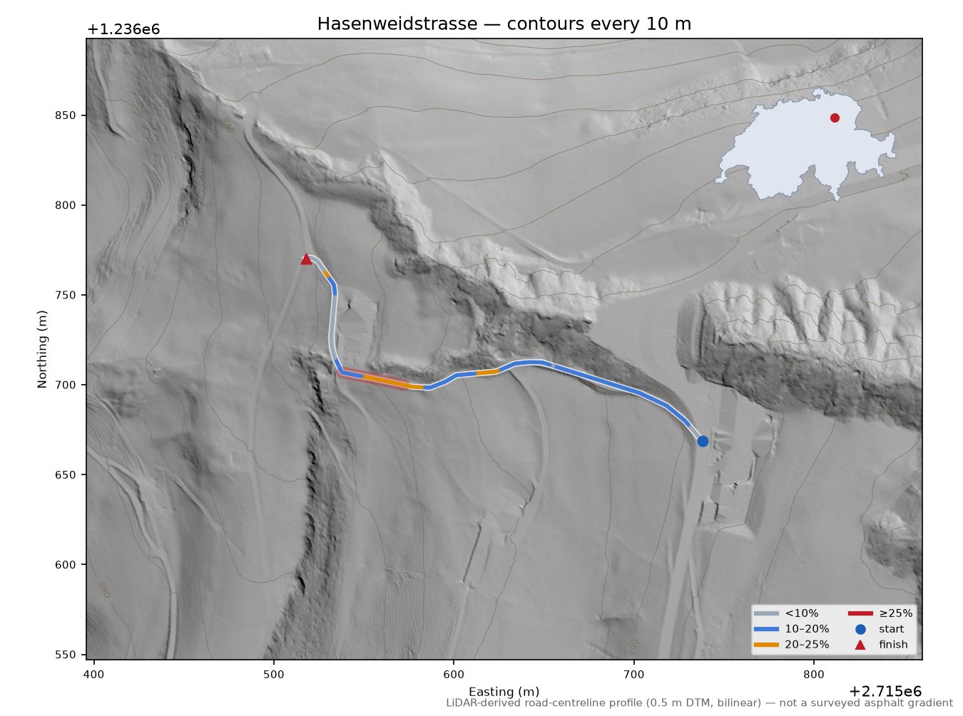 Hasenweidstrasse LiDAR hillshade map with contours