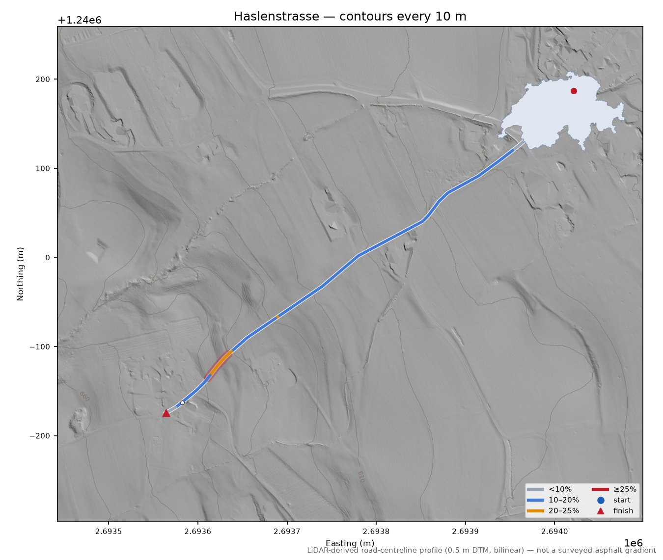 Haslenstrasse LiDAR hillshade map with contours