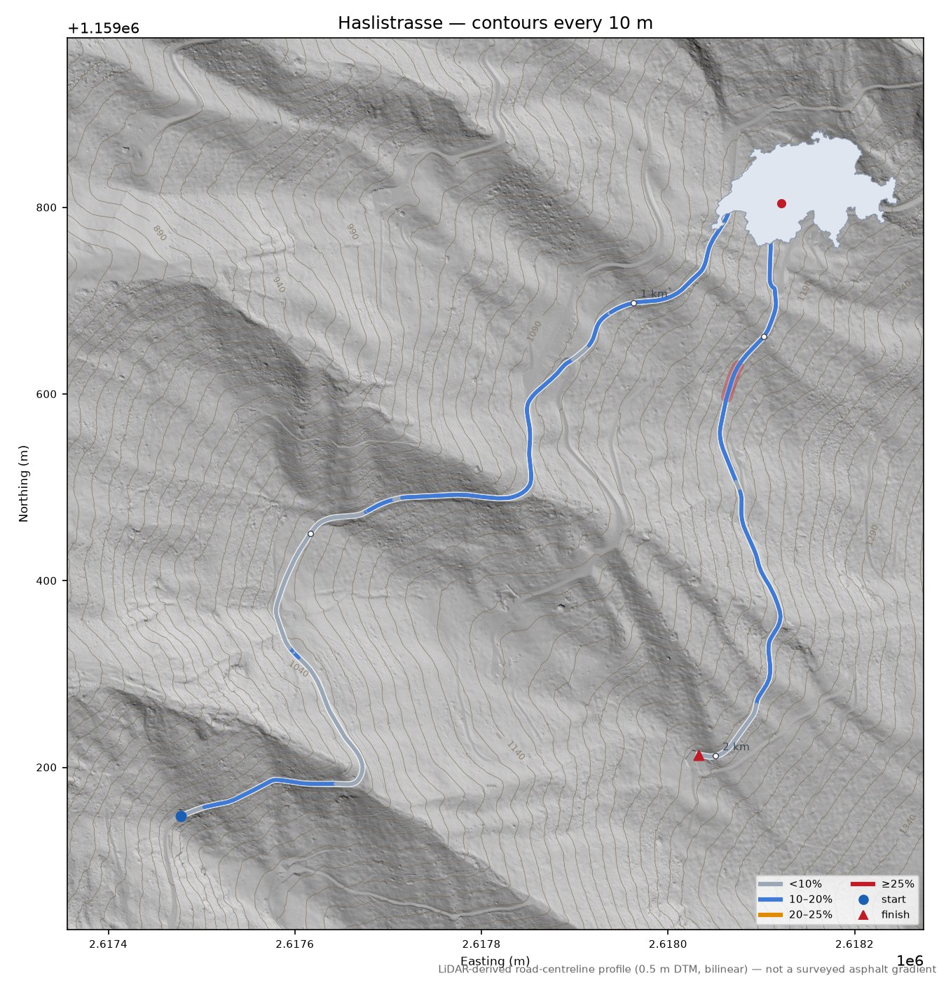 Haslistrasse LiDAR hillshade map with contours