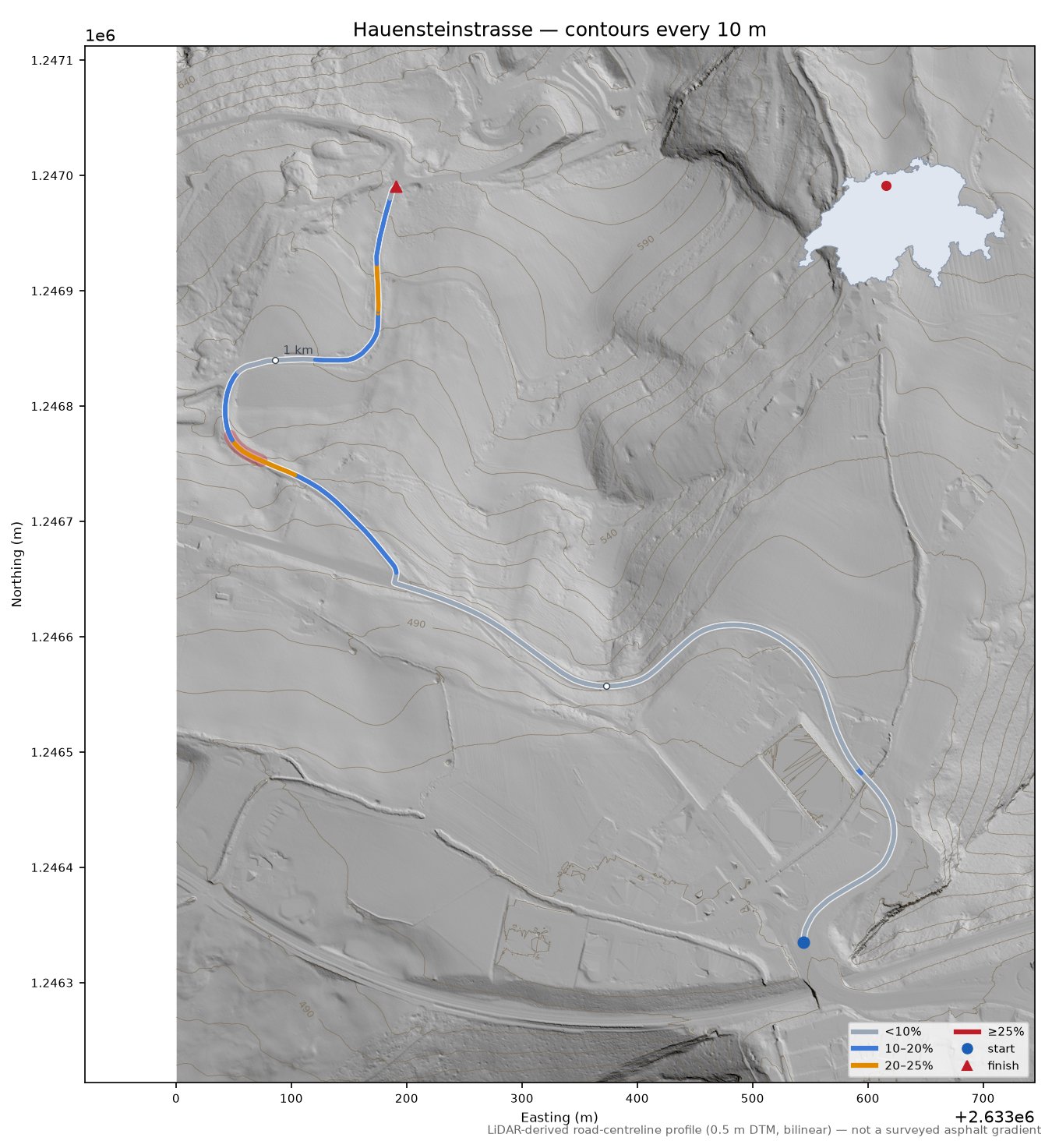 Hauensteinstrasse LiDAR hillshade map with contours