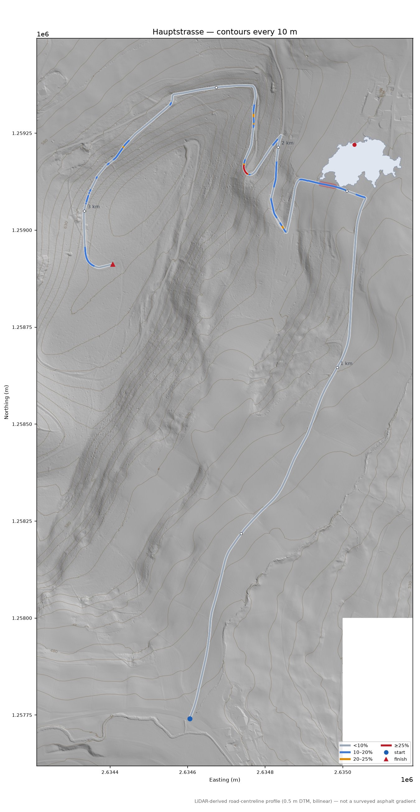 Hauptstrasse LiDAR hillshade map with contours