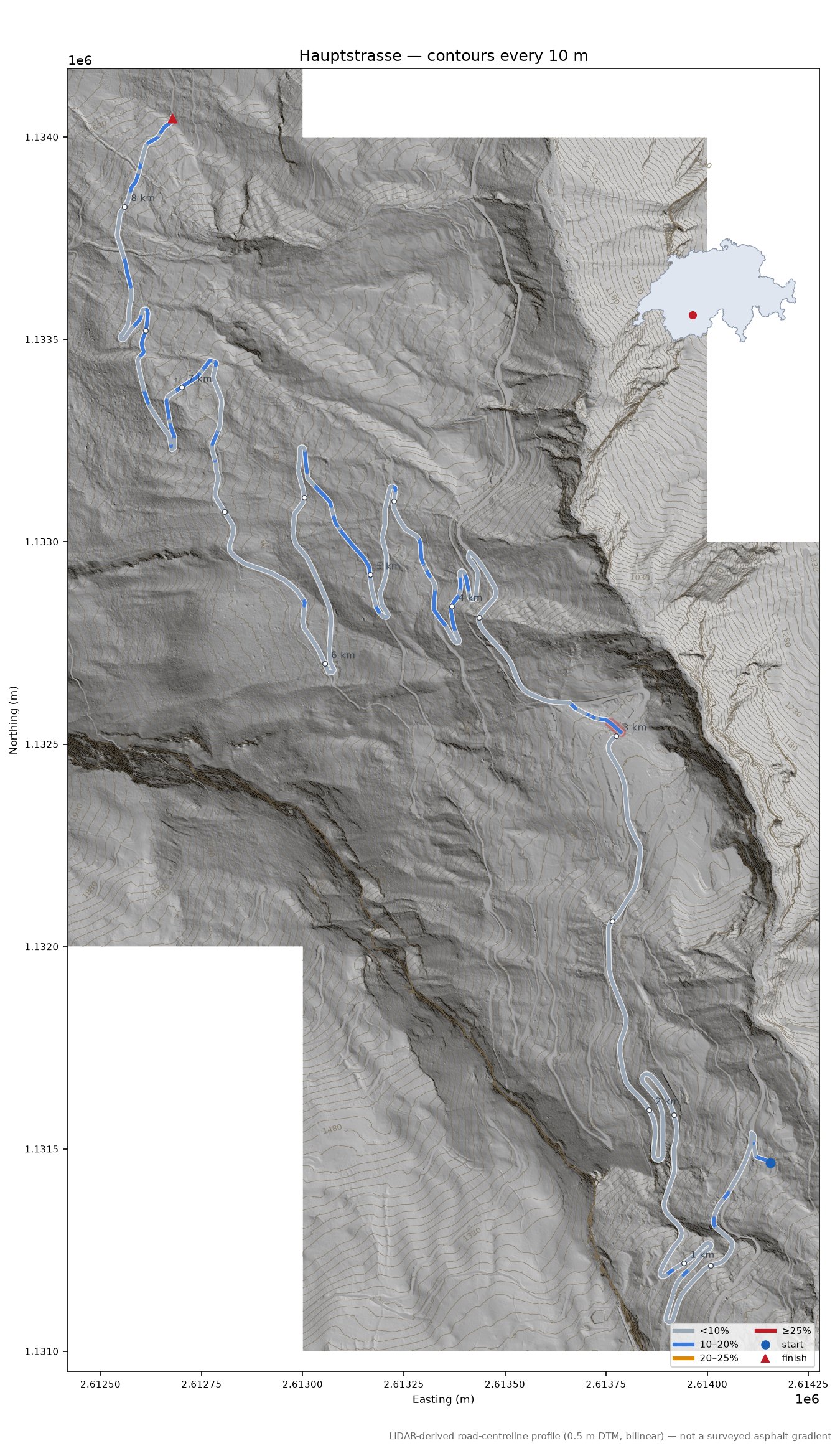 Hauptstrasse LiDAR hillshade map with contours