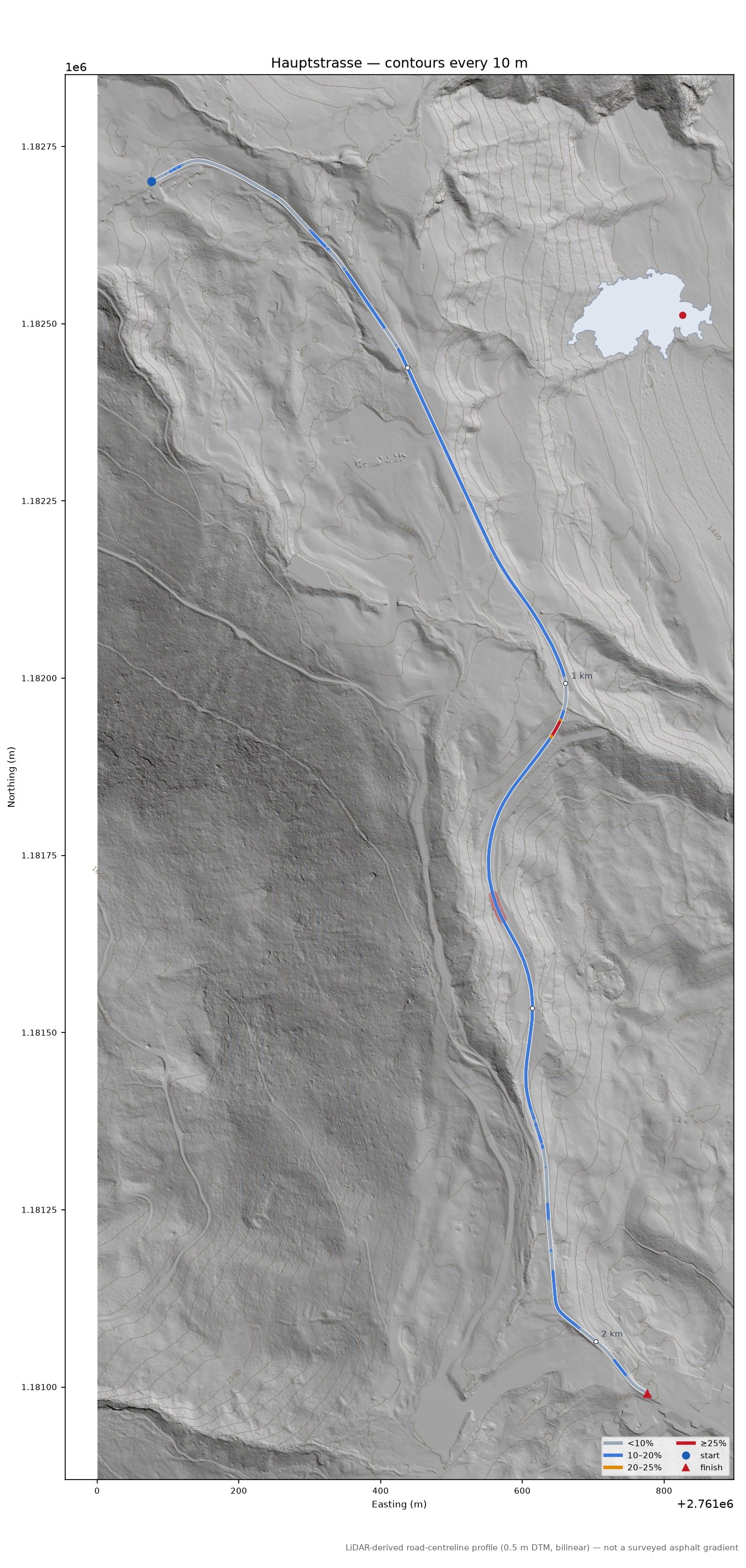 Hauptstrasse LiDAR hillshade map with contours
