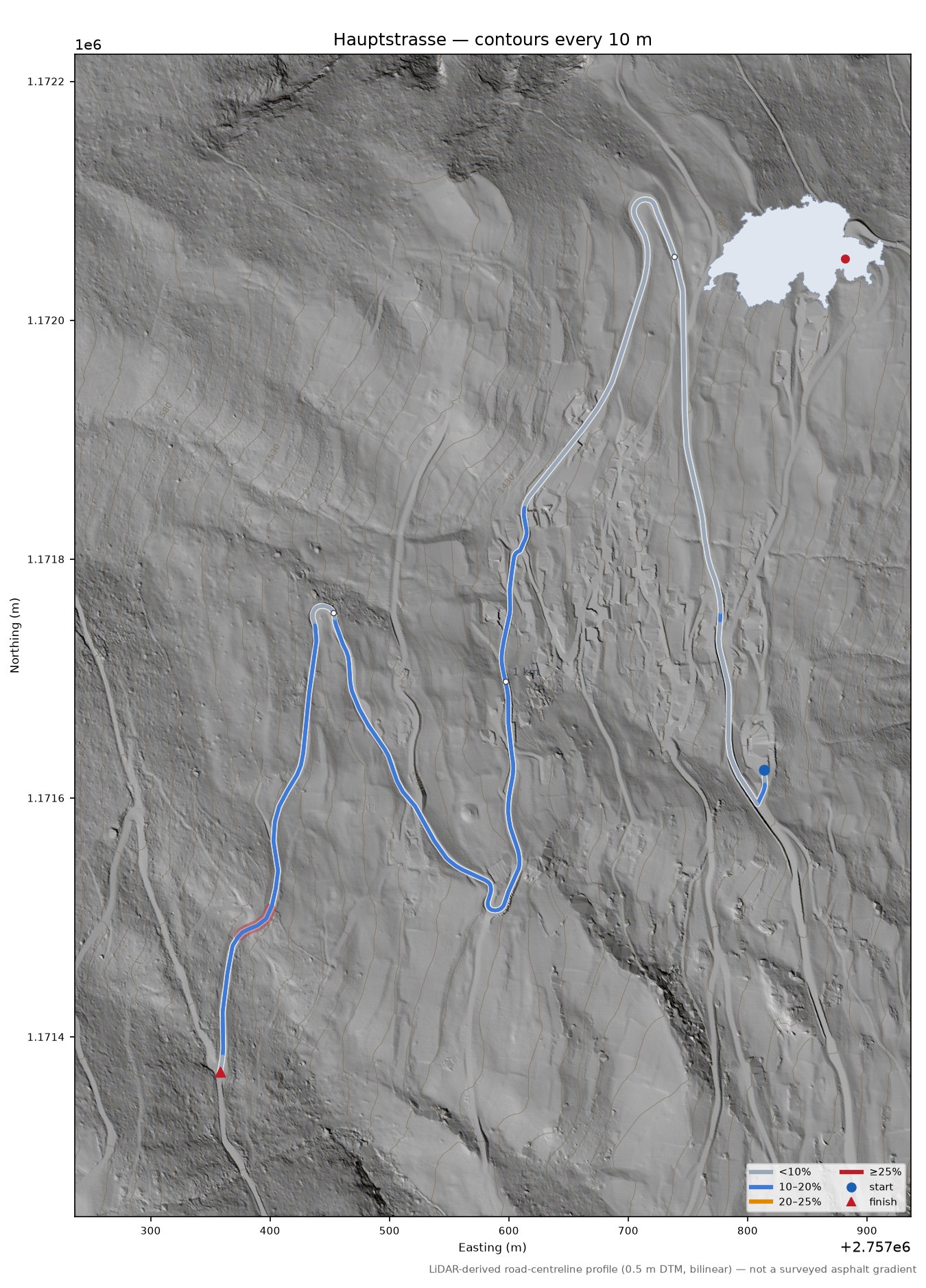 Hauptstrasse LiDAR hillshade map with contours