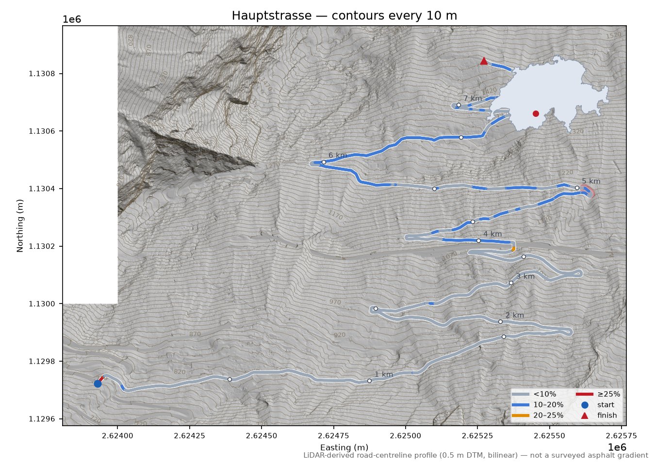Hauptstrasse LiDAR hillshade map with contours