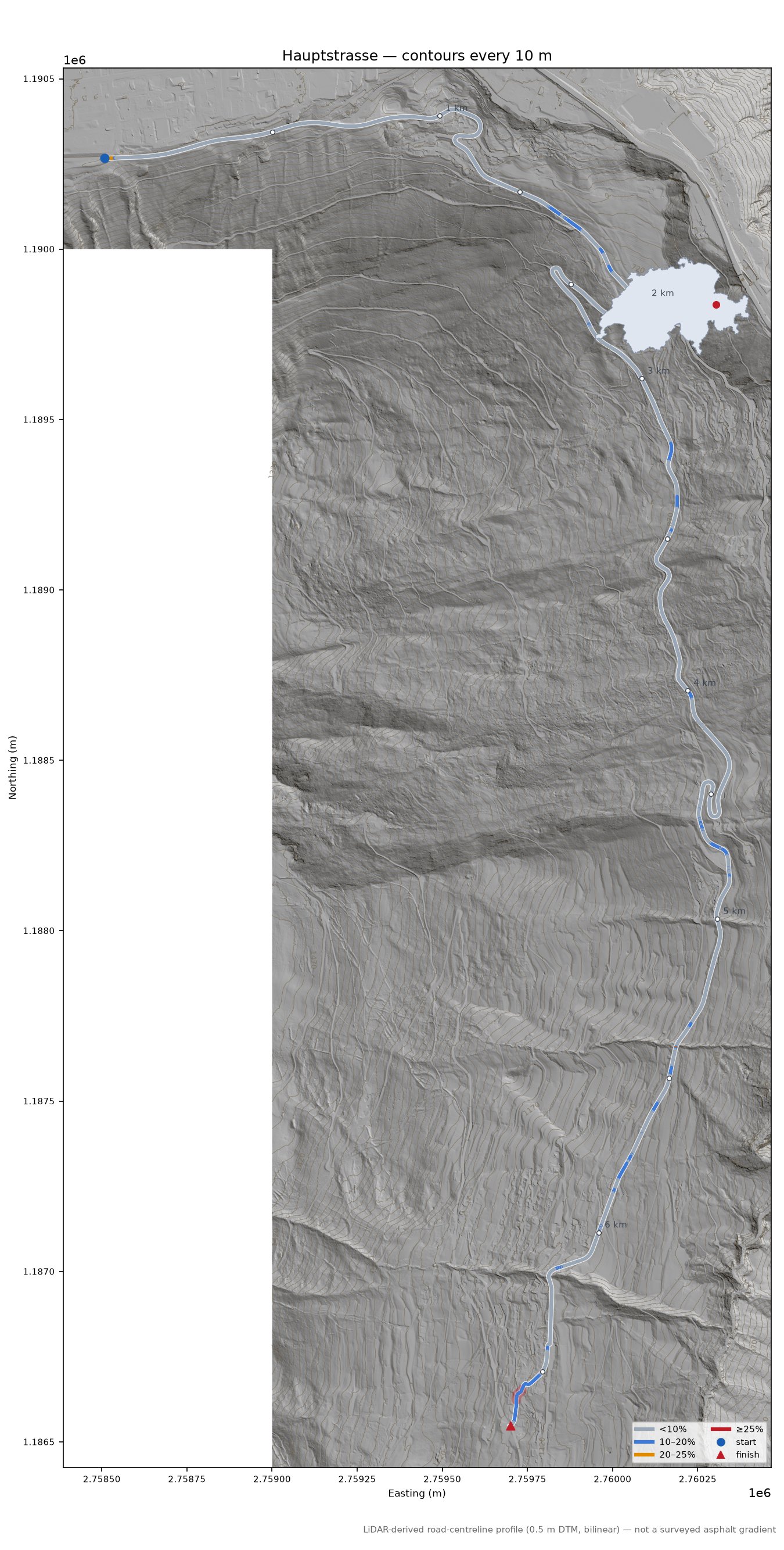 Hauptstrasse LiDAR hillshade map with contours